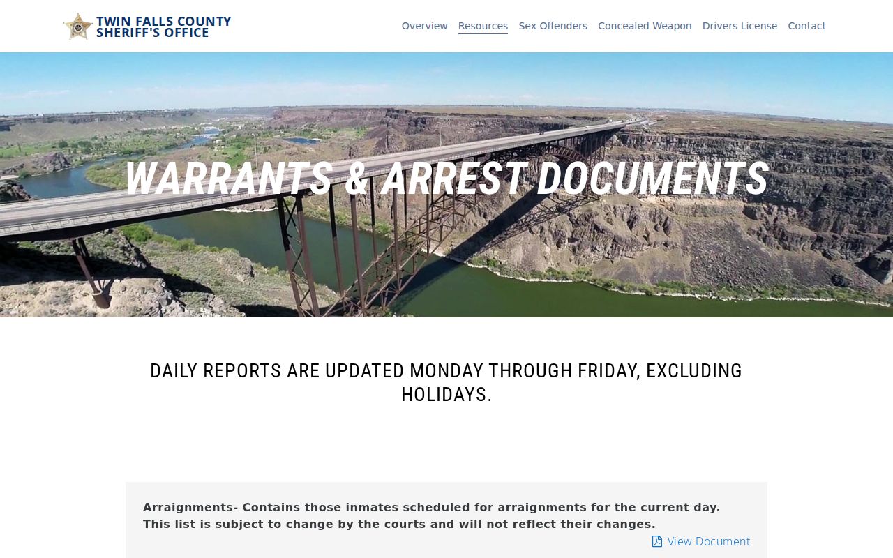 Twin Falls County Sheriff daily arrest and booking reports