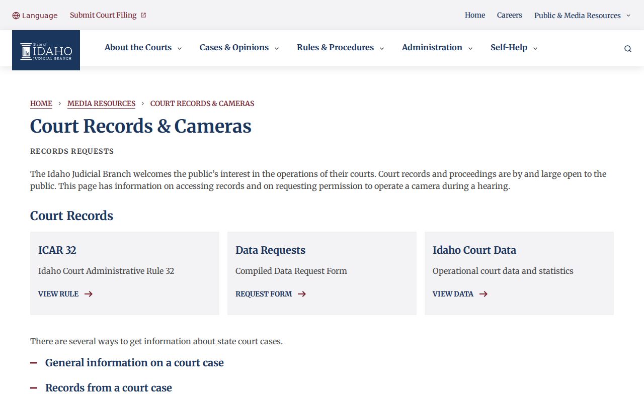Idaho Courts guidance for obtaining Twin Falls criminal case records