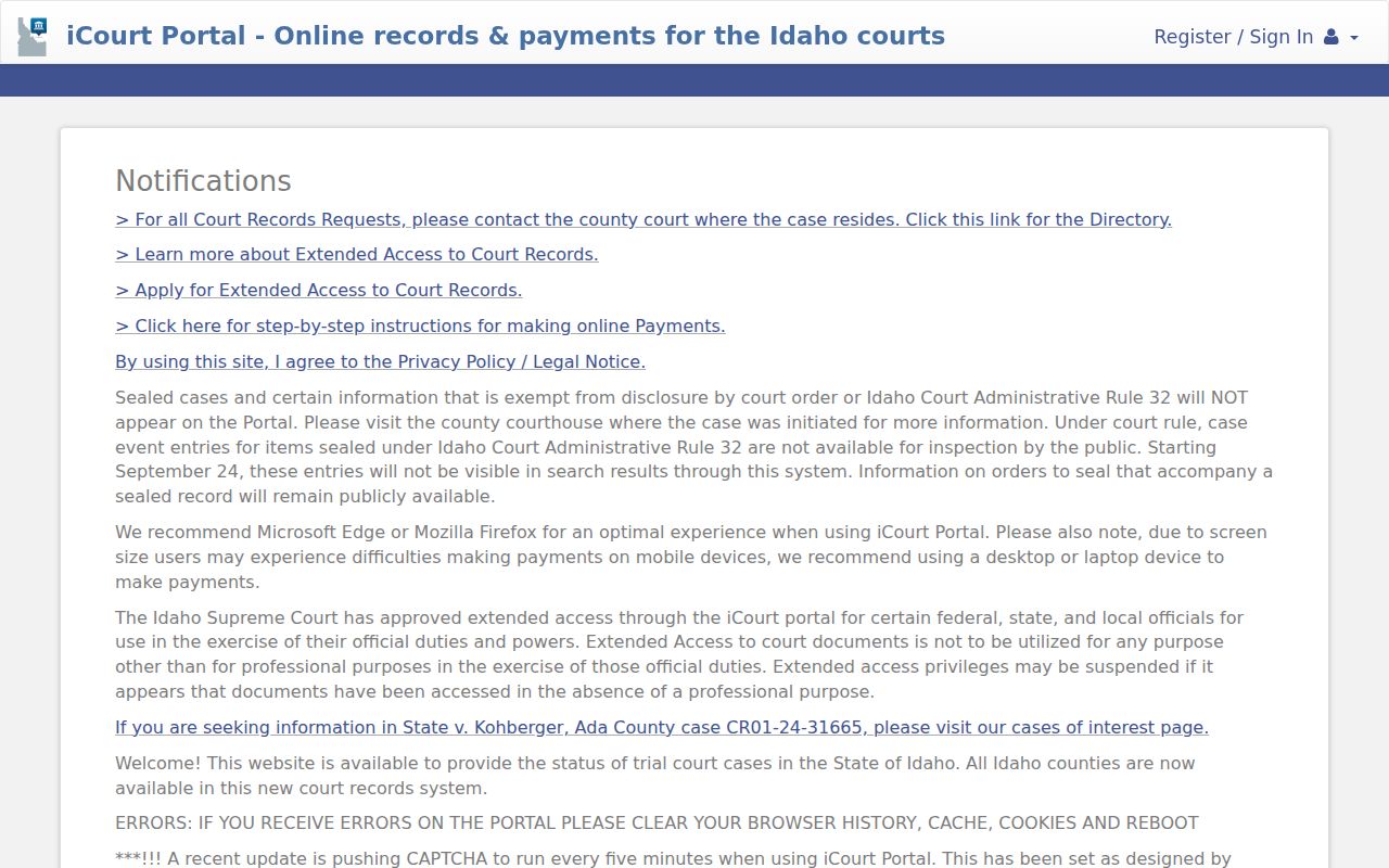 Idaho iCourt search for Twin Falls County criminal cases