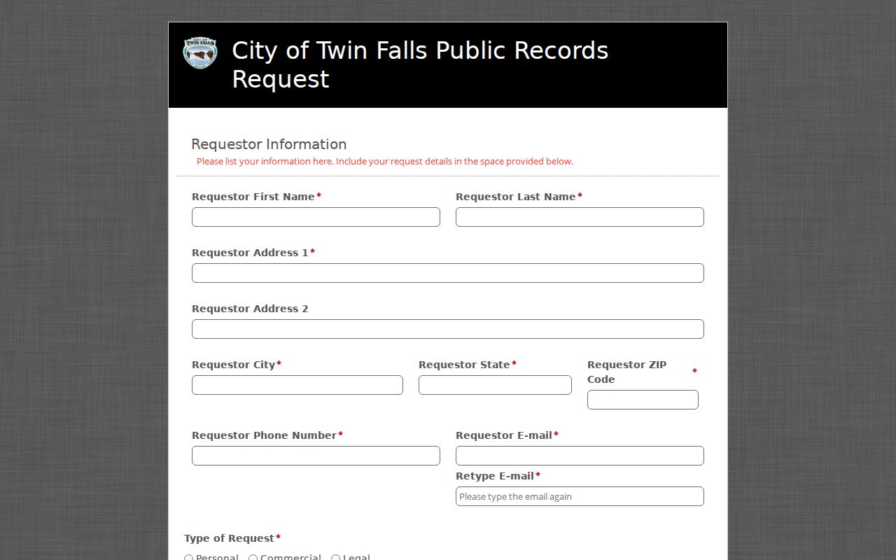 Twin Falls criminal history records request form