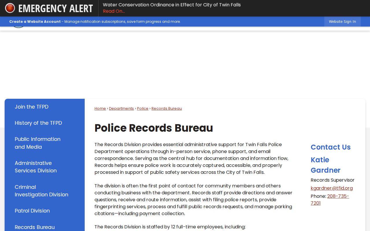 Twin Falls criminal history Police Records Bureau information