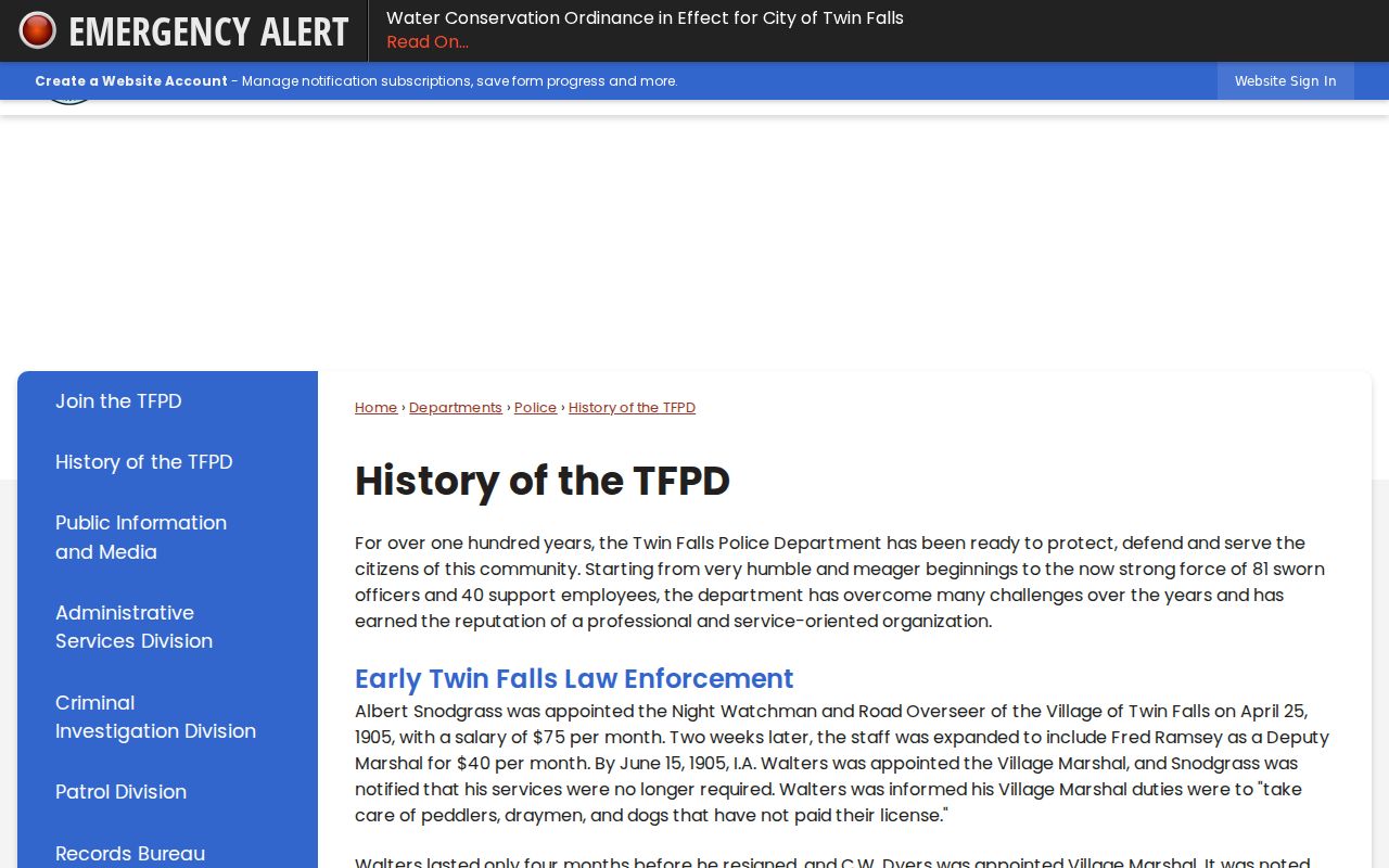 Twin Falls criminal history and police department history